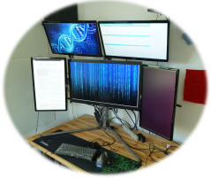 A monitor stand with five monitors, angled in for easy viewing